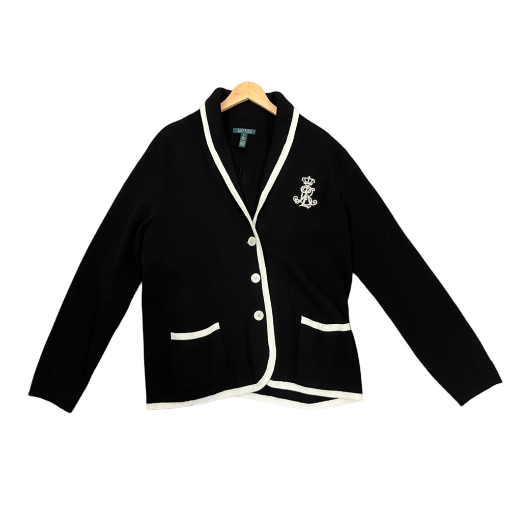 Polo Ralph Lauren Knit Black Logo Jacket Cardigan Pearl Button White Trim SZ 1X
